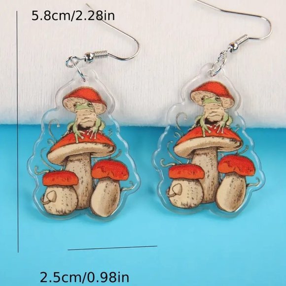 Frog Mushroom Earrings Dangle Alice Wonderland Fun Whimsical Wonderland Trippy - Picture 3 of 3